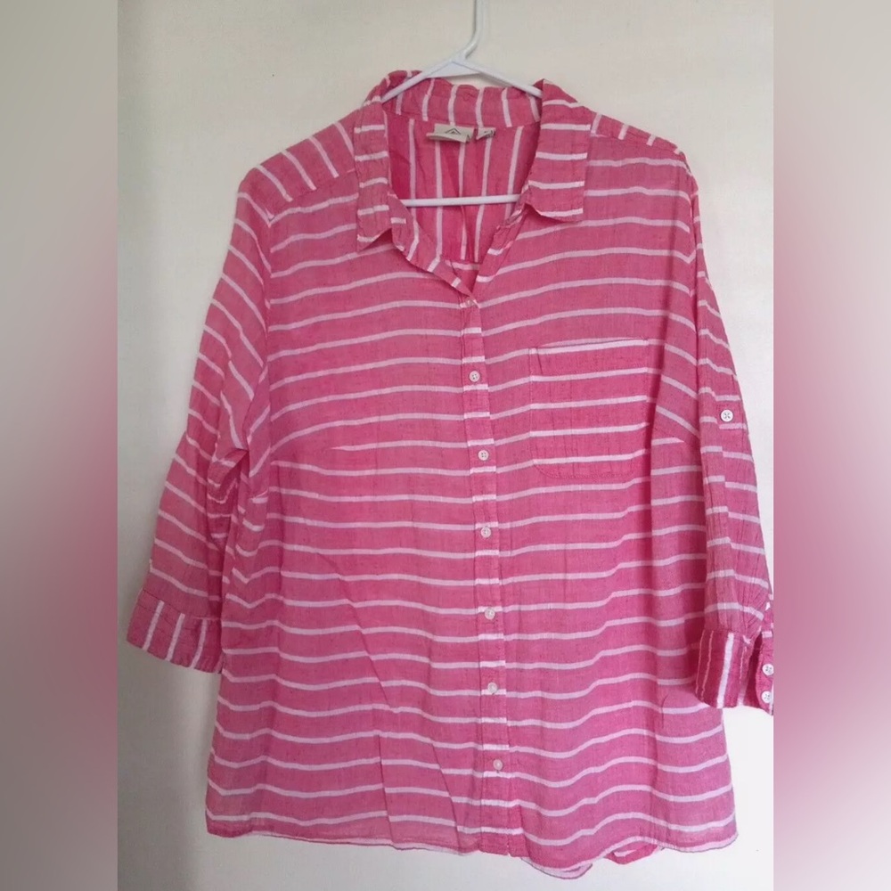St. John's Bay Pink Button Down Shirt with White Stripes